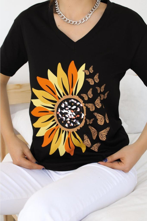 Kadın V Yaka Papatya Kelebek Pul Işlemeli Pamuk T-shirt - Siyah