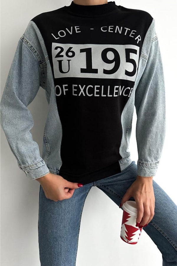Kadın Baskılı Kolu Kot Içi Şardonlu Pamuk Sweatshirt - Siyah