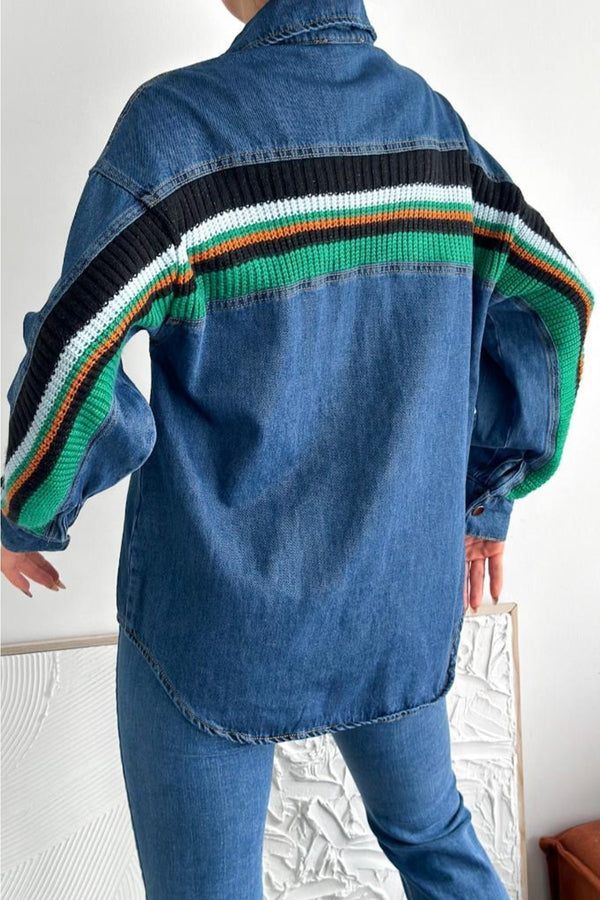 Kadın Sırtı Triko Şerit Detaylı Oversize Kot Ceket - Mavi