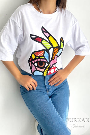 Kadın Bisiklet Yaka Düşük Omuz Oversize T-shirt - Beyaz