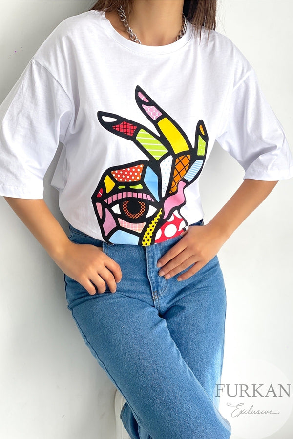 Kadın Bisiklet Yaka Düşük Omuz Oversize T-shirt - Beyaz