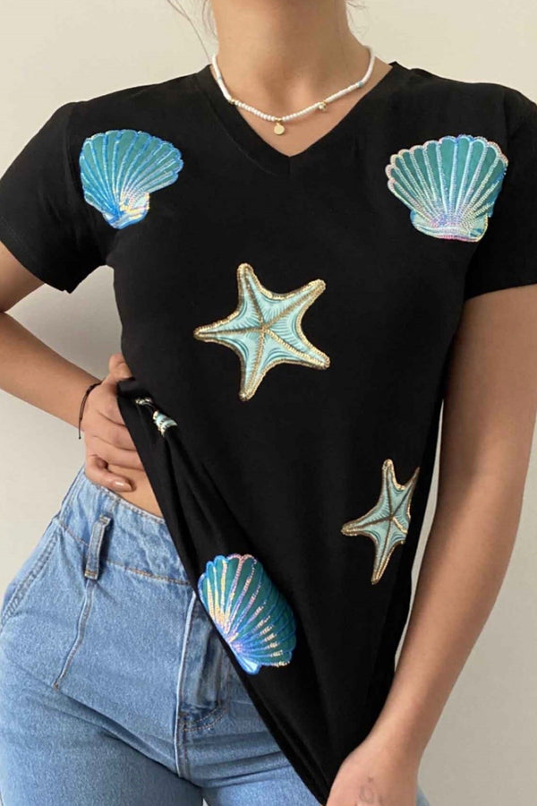 Kadın V Yaka Istiridye Deniz Yıldızı Pul Işlemeli Pamuk T-shirt - Siyah
