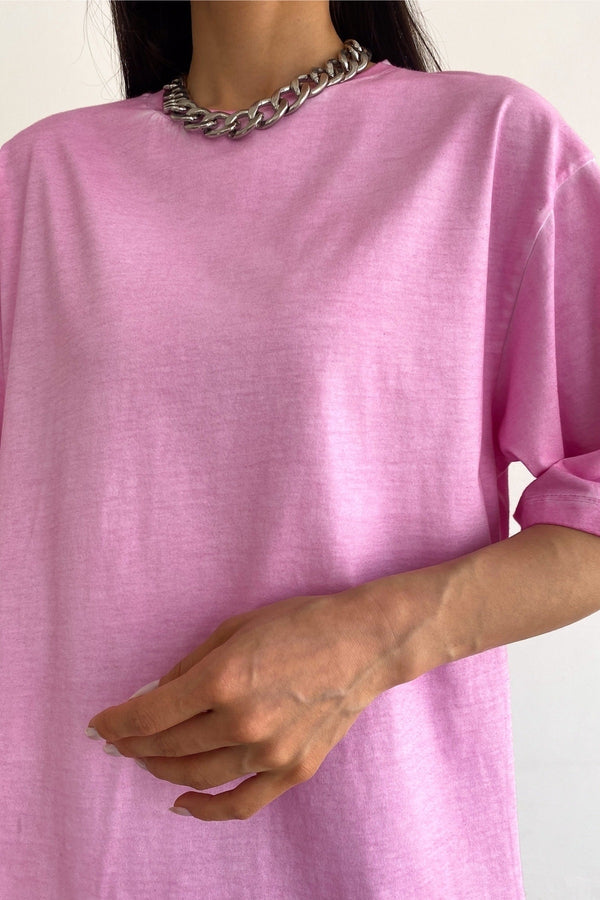 Kadın Yeni Sezon Yıkamalı Salaş Oversize Tişört - Pembe