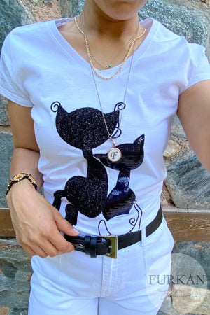 Kadın Kedi Figürlü Pul Işlemeli Pamuk Tişört - Beyaz