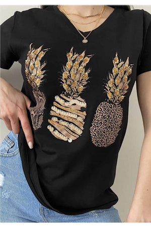 Kadın V Yaka Pullu Ananas T-shirt - Siyah