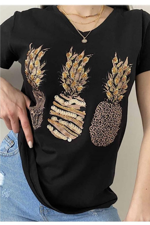 Kadın V Yaka Pullu Ananas T-shirt - Siyah