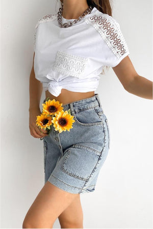 Kadın Bisiklet Yaka Dantel Detaylı %100 Pamuk Tasarım T-shirt - Beyaz