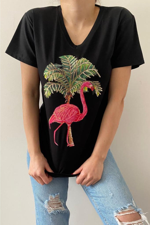 Kadın V Yaka Flamingo Pul Işlemeli Pamuk T-shirt - Siyah