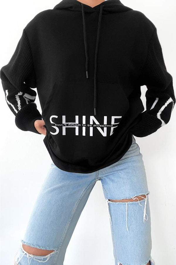 Beyaz Shine Yazılı Kollar Örme Triko Detaylı Kanguru Cepli Kapüşonlu Kadın Sweatshirt Hoodie - Siyah