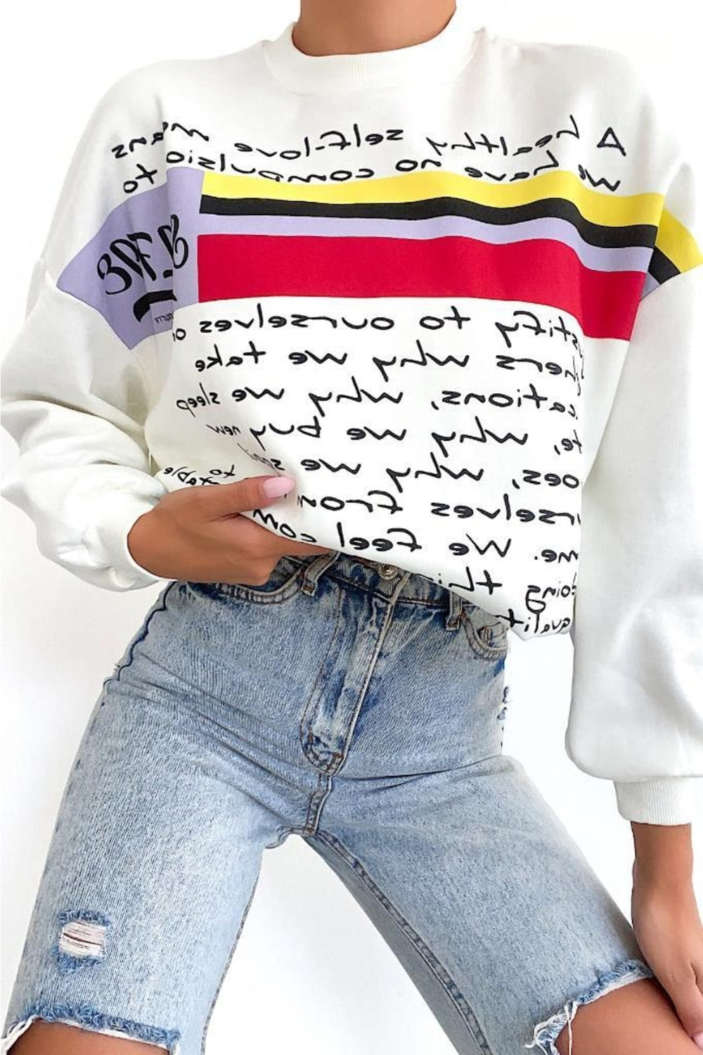 Yeni Sezon Selfie Baskılı Pamuklu Oversize Sweatshirt - Beyaz