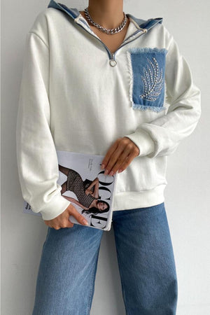 Kadın Yeni Sezon Inci Zımbalı Kot Detaylı Kapüşonlu Oversize Sweatshirt - Ekru