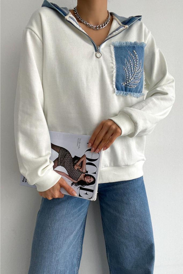 Kadın Yeni Sezon Inci Zımbalı Kot Detaylı Kapüşonlu Oversize Sweatshirt - Ekru