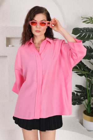 Kadın Gizli Düğmeli Fakir Kol Salaş Oversize Geniş Kalıp %50 Viskon %50 Pamuk Gömlek - Pembe