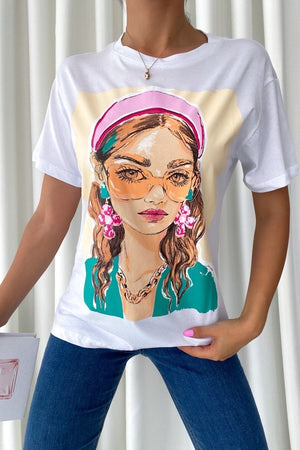 Kadın Yeni Sezon Baskılı Pamuk Tişört - Beyaz