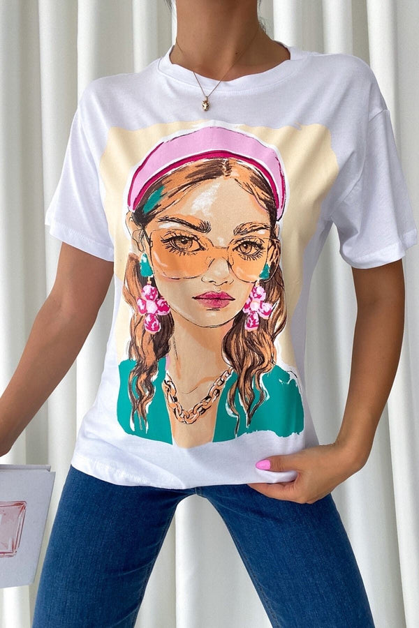 Kadın Yeni Sezon Baskılı Pamuk Tişört - Beyaz