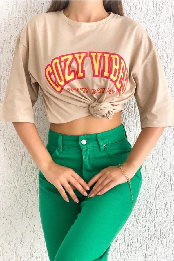 Kadın Cozy Vibes Baskılı Salaş T-shirt - Bej