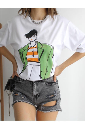 Kadın Baskılı Pamuk T-shirt - Beyaz