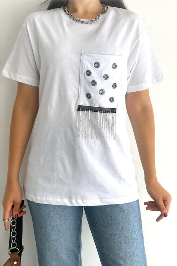 Kadın Bisiklet Yaka Püsküllü Taş Işlemeli Pamuk T-shirt - Beyaz