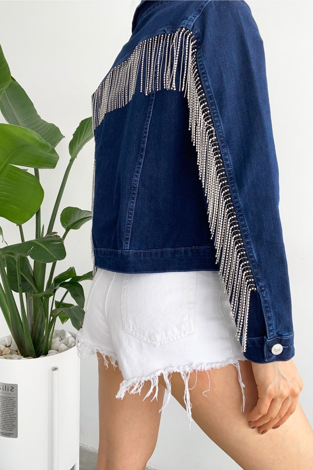 Kadın Sırtı Püsküllü Tasarım Denim Kot Ceket - Mavi