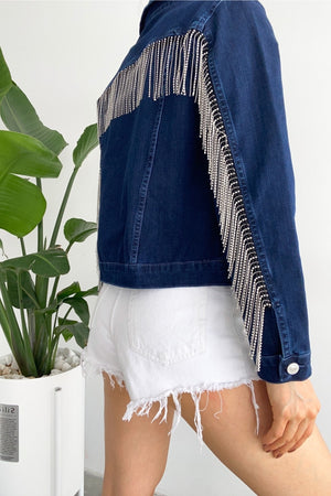 Kadın Sırtı Püsküllü Tasarım Denim Kot Ceket - Mavi