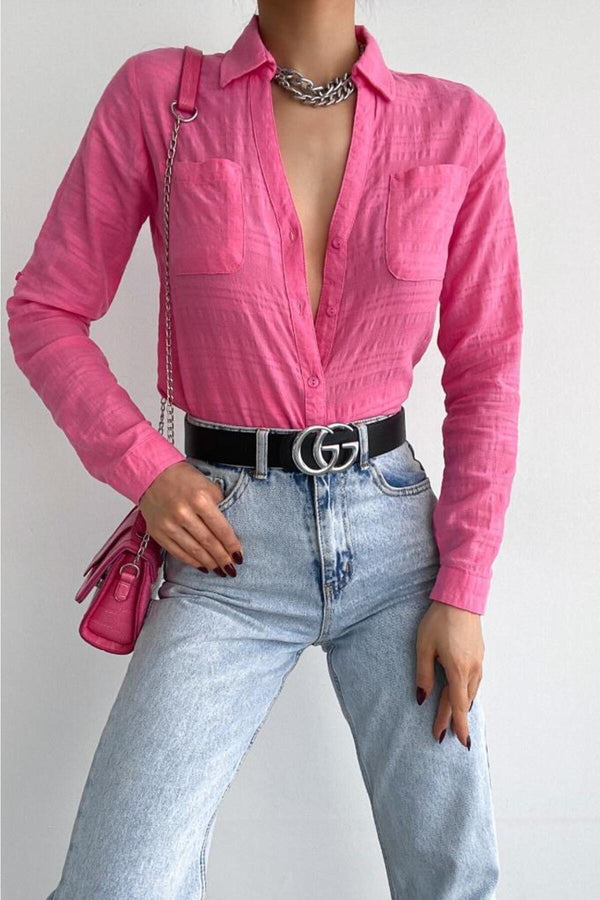 Kadın V Yaka Çift Cepli Katlanır Kol Slim Fit Kalıp Gömlek - Pembe