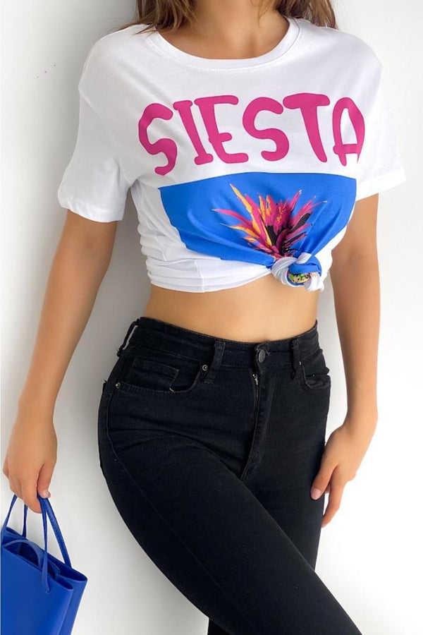Kadın Siesta Baskılı T-shirt - Beyaz
