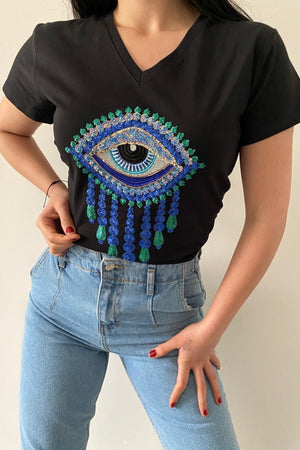 Kadın V Yaka Göz Pul Ve Nakış Işlemeli %100 Pamuk T-shirt - Siyah