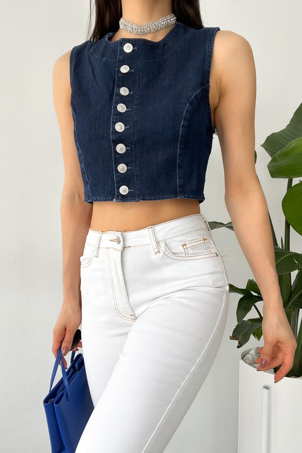 Kadın Denim Düğmeli Crop Kot Kolsuz Bluz - Mavi