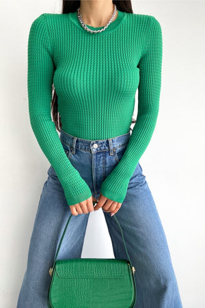 Kadın Standart Beden Basic Fitilli Örme Bluz - Koyu Yeşil