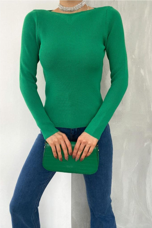Kadın Standart Beden Basic Yaka Detaylı Fitilli Örme Bluz - Yeşil