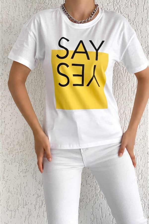 Kadın Bisiklet Yaka Say Yes Baskılı Yeni Sezon Pamuk T-shirt - Beyaz