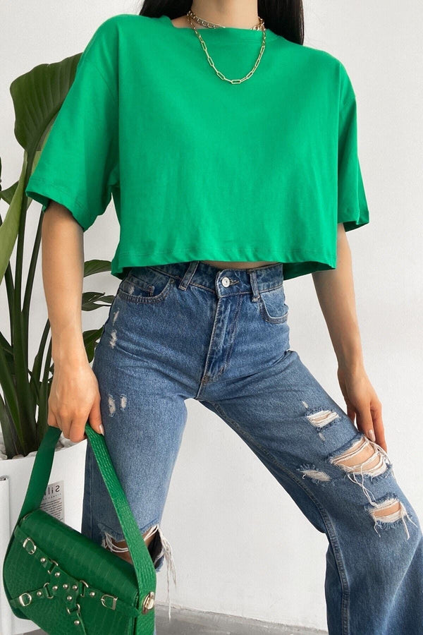 Kadın %100 Pamuk Crop Tişört - Yeşil