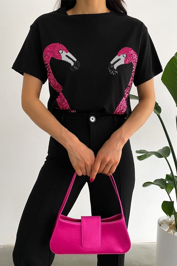 Kadın Yeni Sezon Flamingo Pul Payet Işlemeli Pamuk Tişört - Siyah