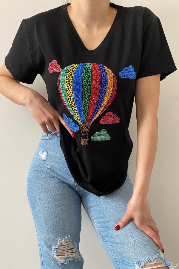 Kadın V Yaka Yeni Sezon Balon Desen Pul Işlemeli Pamuk Tişört - Siyah
