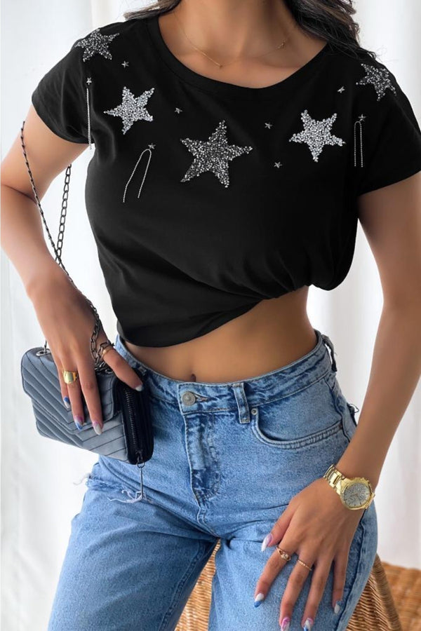 Kadın Yıldız Desen Püskül Detaylı T-shirt - Siyah