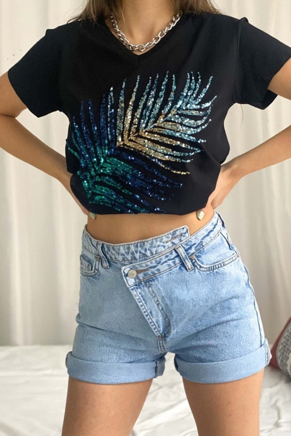 Kadın V Yaka Yaprak Pul Payet Işleme Pamuklu T-shirt - Siyah