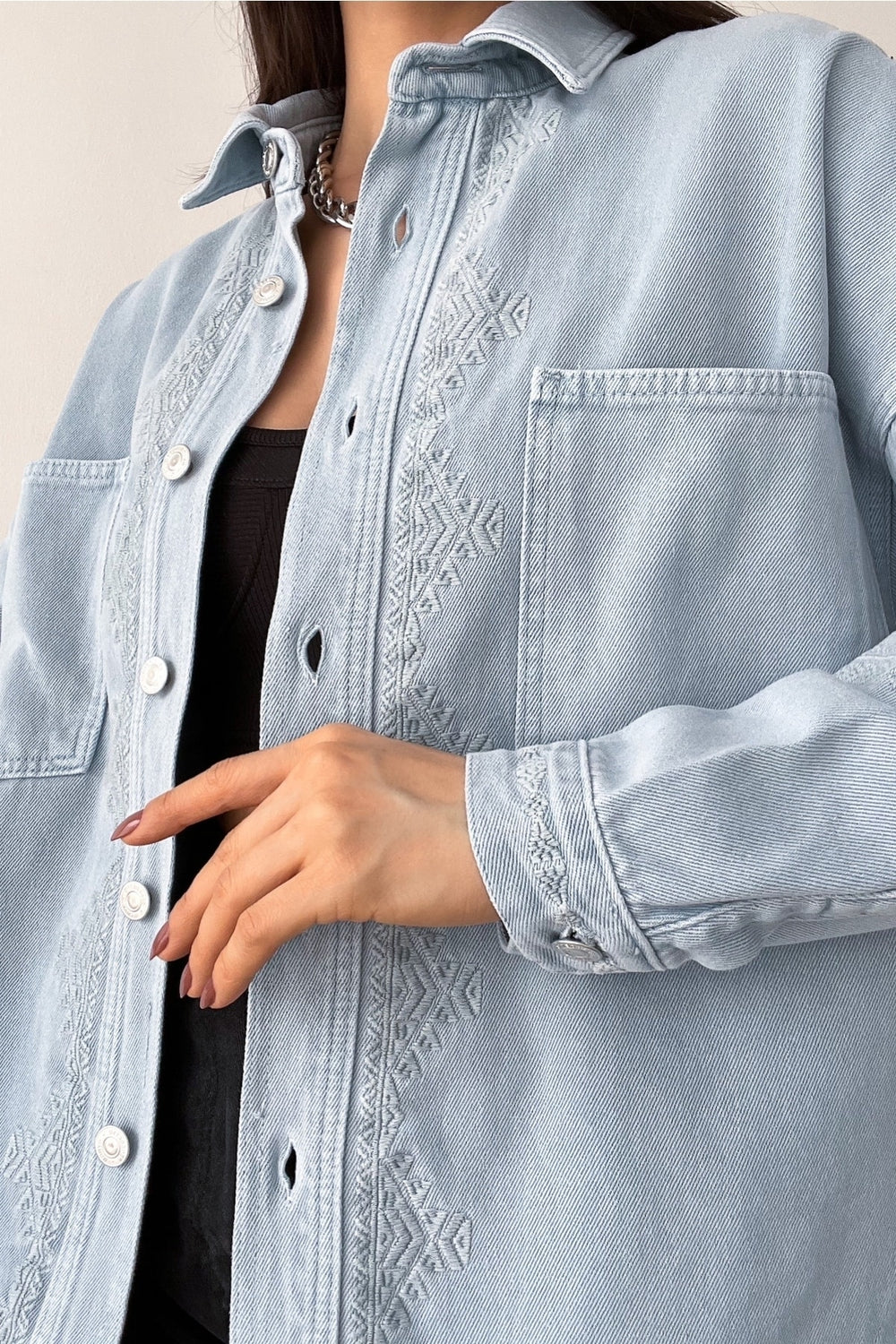 Kadın Buz Yeni Sezon Çift Cepli Standart Beden Nakış Işlemeli Oversize Ceket - Mavi