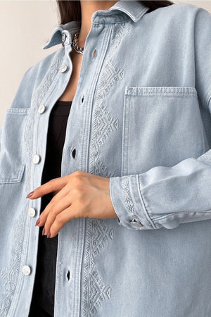 Kadın Buz Yeni Sezon Çift Cepli Standart Beden Nakış Işlemeli Oversize Ceket - Mavi