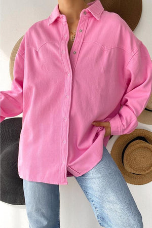 Kadın Düşük Omuz Oversize Çıtçıtlı Kalın Gömlek - Pembe