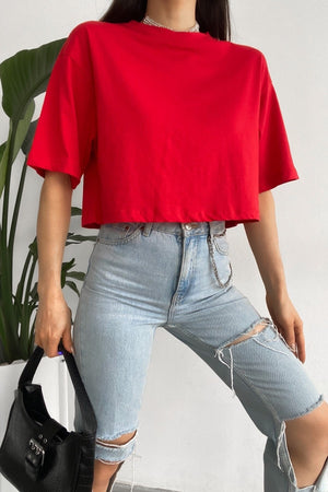 Kadın %100 Pamuk Crop Tişört - Kırmızı