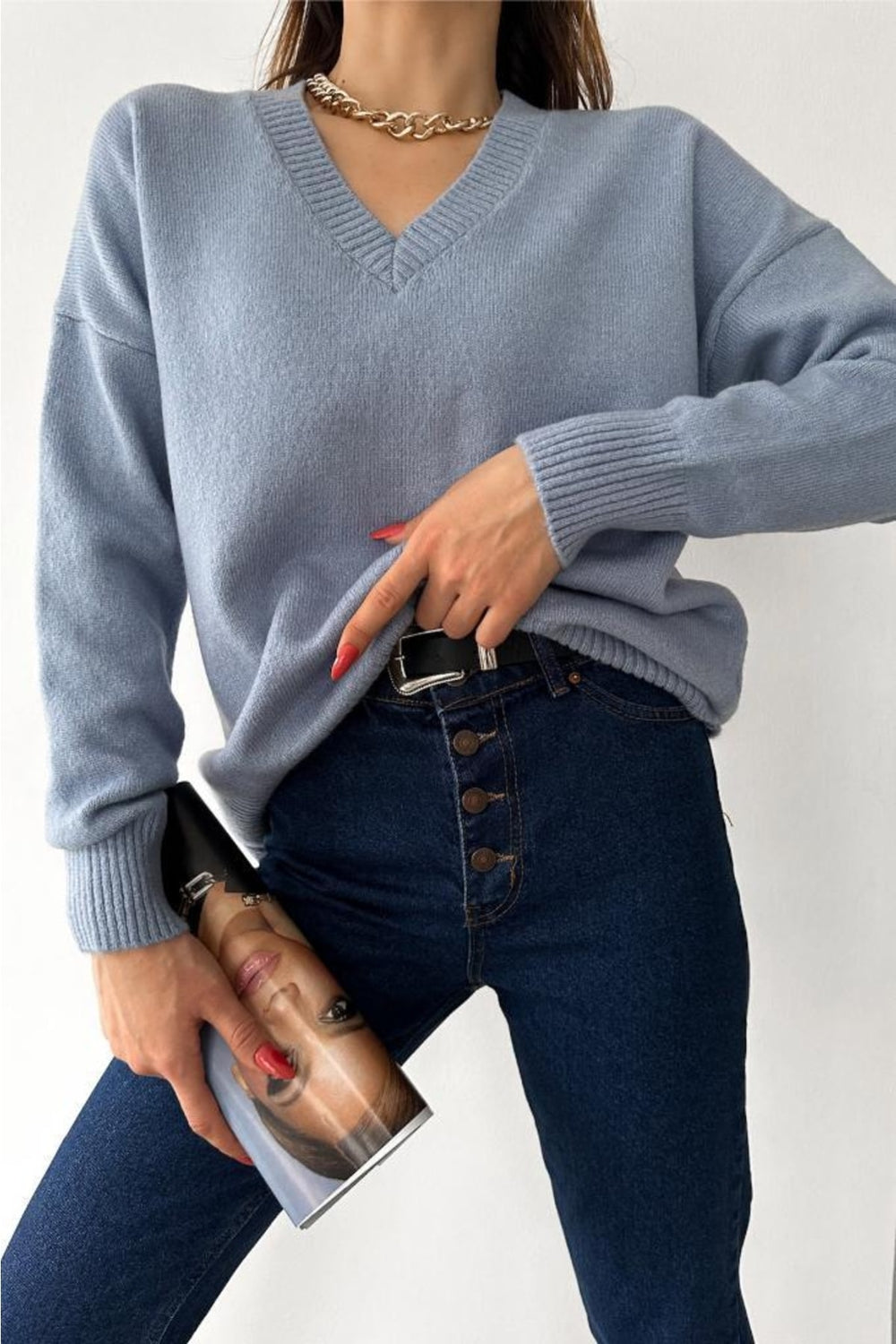 Kadın Bebe Mavi V Yaka Standart Beden Oversize Basic Triko Kazak - Bebe Mavisi