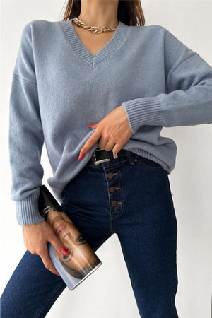 Kadın Bebe Mavi V Yaka Standart Beden Oversize Basic Triko Kazak - Bebe Mavisi