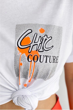 Kadın Bisiklet Yaka Chic Couture Yazılı Pamuk T-shirt - Beyaz