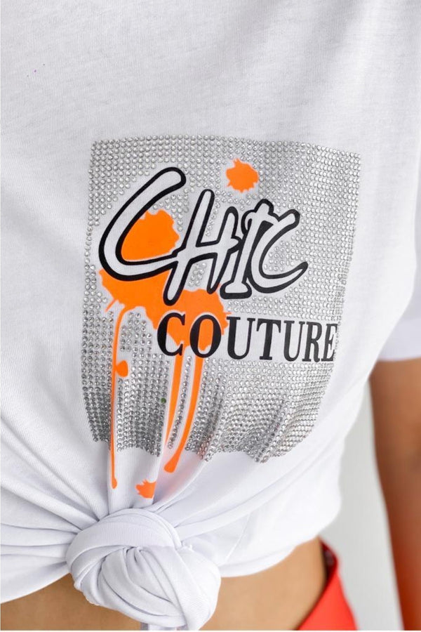Kadın Bisiklet Yaka Chic Couture Yazılı Pamuk T-shirt - Beyaz