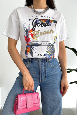 Kadın Yeni Sezon Good Beach Pul Işlemeli Pamuk Tişört - Beyaz