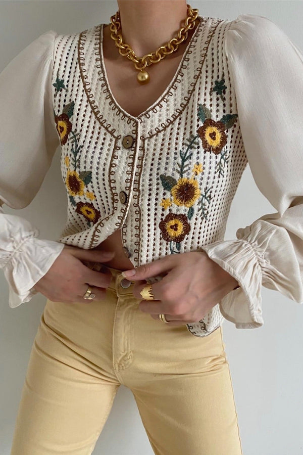 Kadın Yeni Sezon Çiçek Nakışlı Vintage Gömlek - Krem