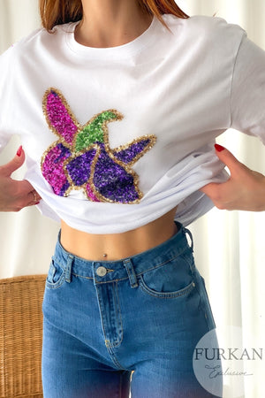 Kadın Harıbülbül Çiçek Pul Payet Dikme Pamuk T-shirt - Beyaz