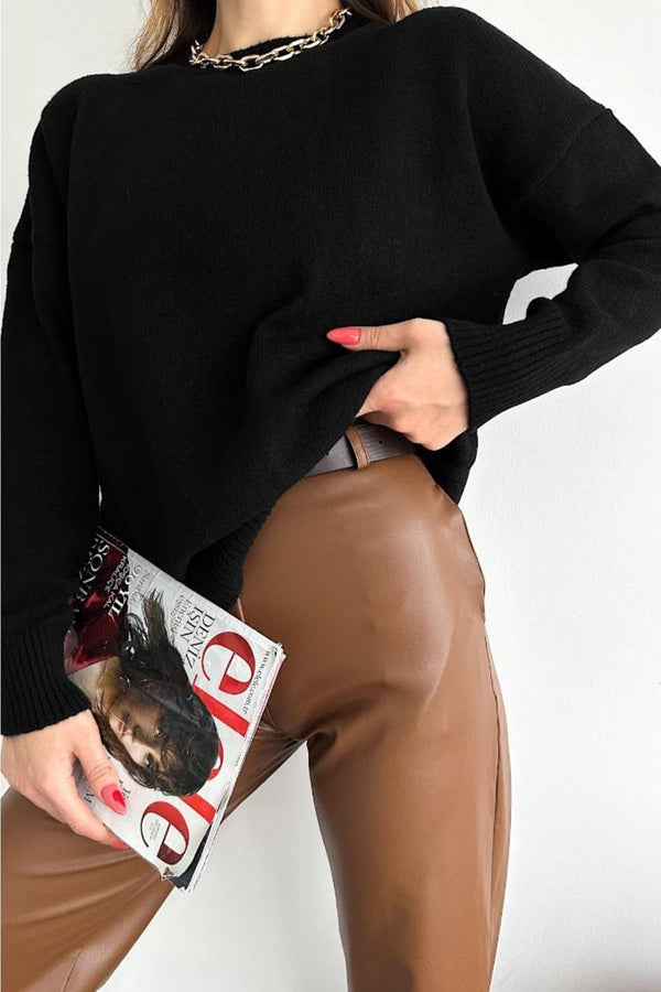 Kadın Standart Beden Oversize Basic Triko Kazak - Siyah
