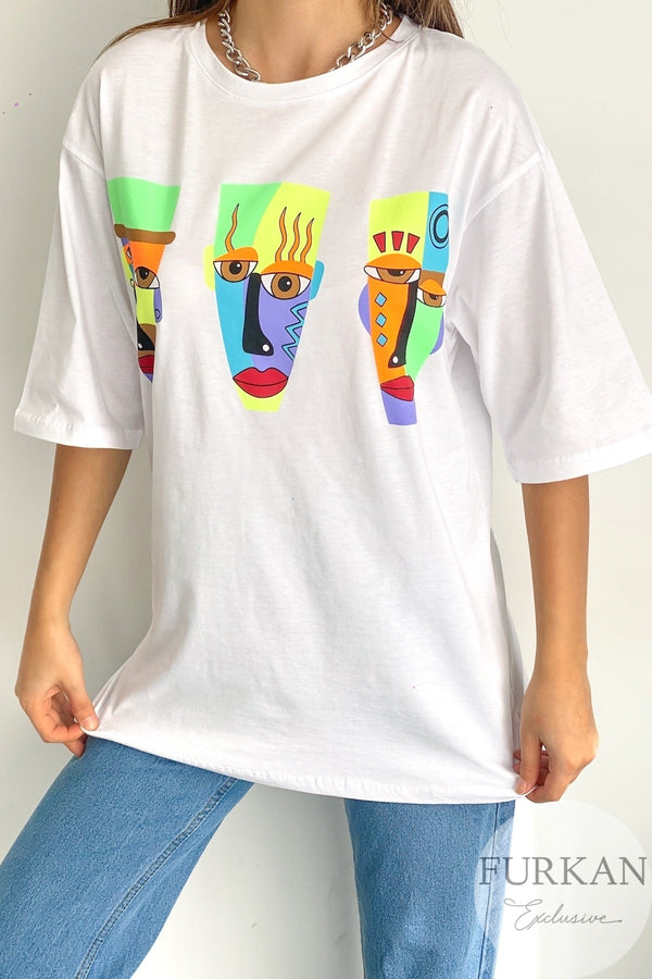 Kadın Bisiklet Yaka Neon Baskılı Oversize Tişörr - Beyaz