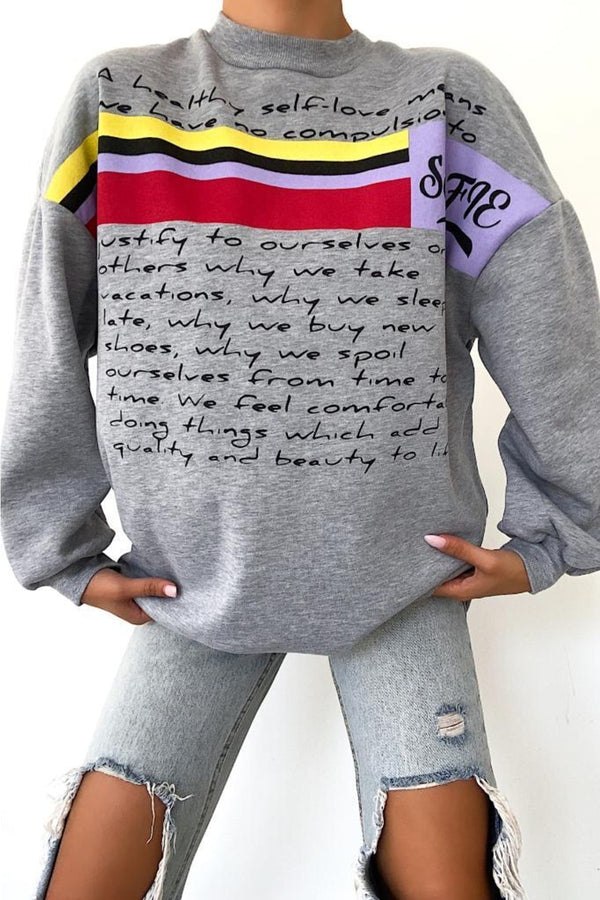 Yeni Sezon Selfie Baskılı Pamuklu Oversize Sweatshirt - Gri